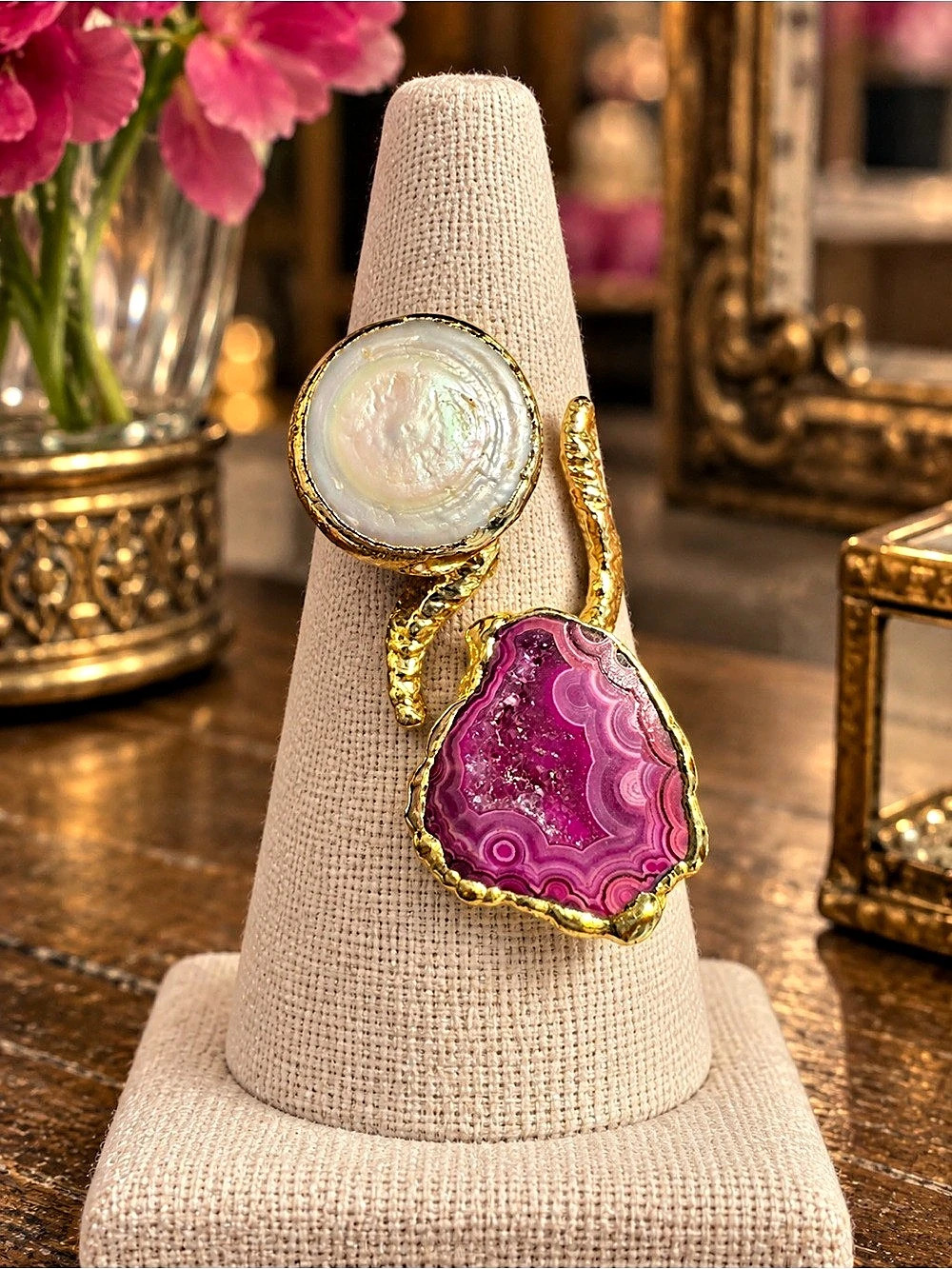 Pink Agate & Opal Pearl Ring